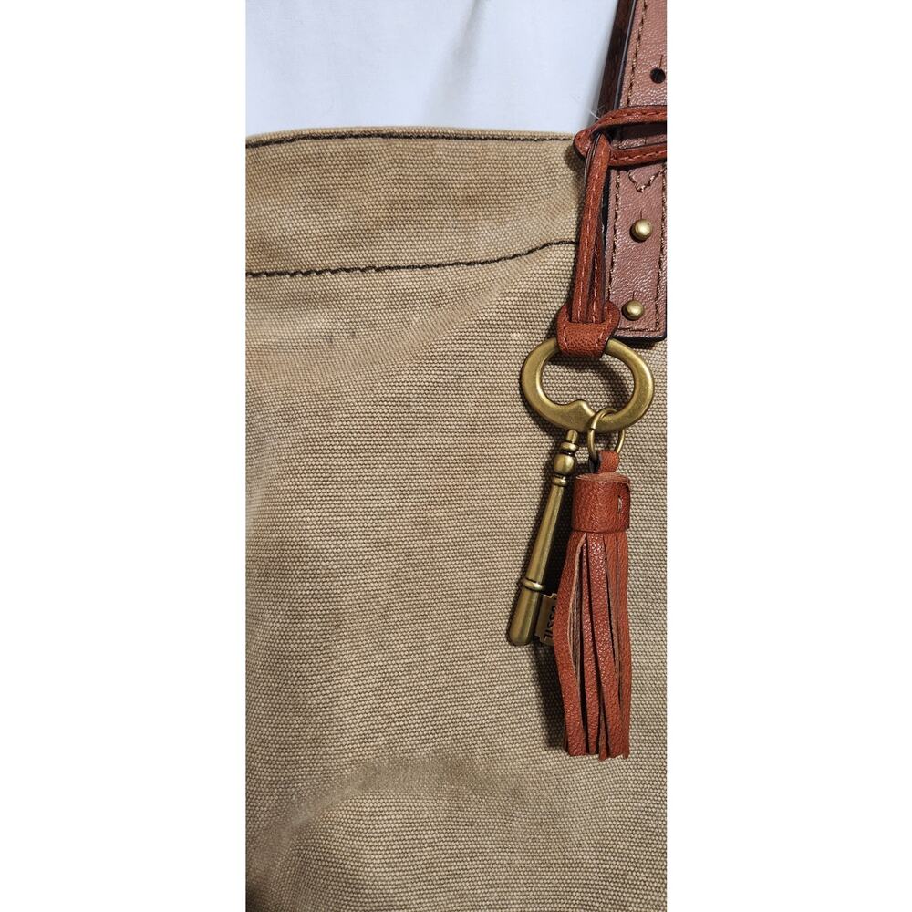 FOSSIL Large Jules Key Tote Tan Canvas Leather Handles Brass Key Tassel - Picture 13 of 13